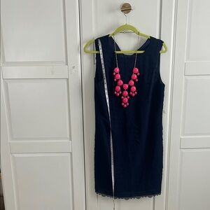 Chic elegant dress by Max Studio Navy Dress with Pink Necklace